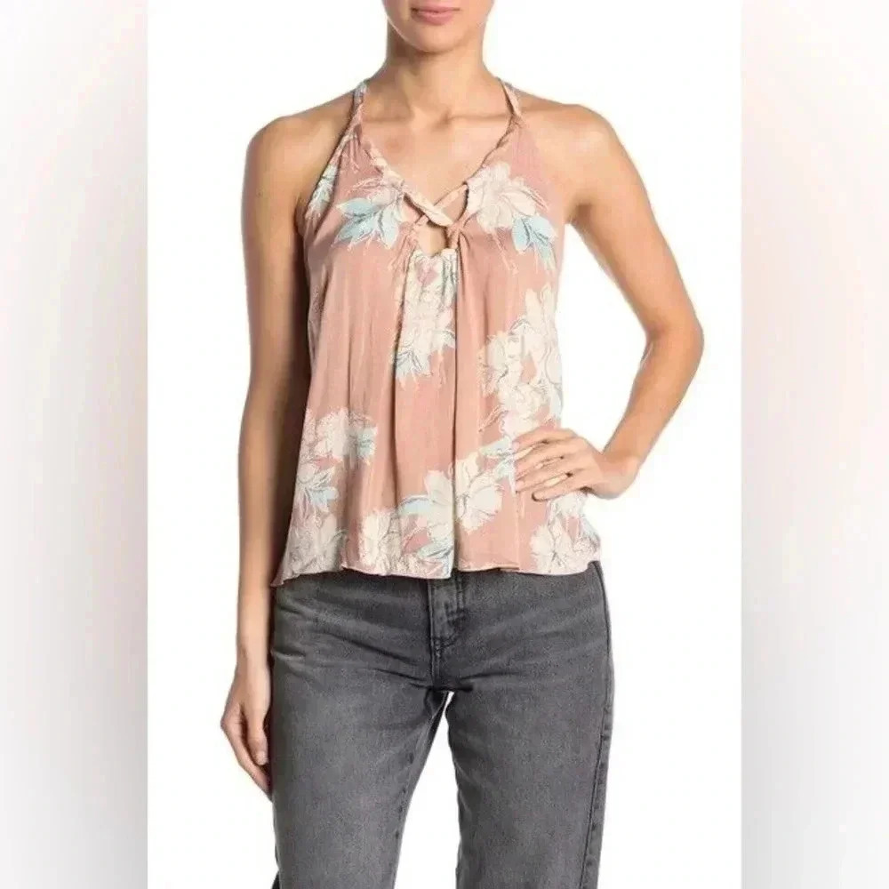 Free People Line Up blush satin floral Halter Camisole top